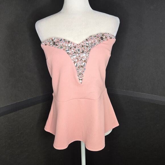 Rue 21 EUC strapless rhinestone embellished formal Peplum Top XL light pink - Picture 1 of 15